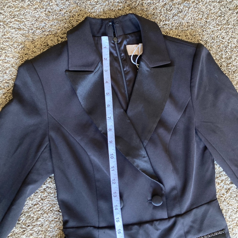 JouJou by Badgley Mischka Black Tuxedo Blazer Romper Size 0 Rhinestone Trim - Picture 4 of 16